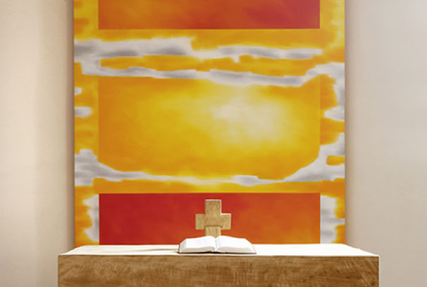 Ev. Pfarrkirche Schwemsal, Sachsen-Anhalt.  Altarbild: Acryl auf Leinwand. Altarplatte: Eiche auf vorhandenem gemauertem Altar.