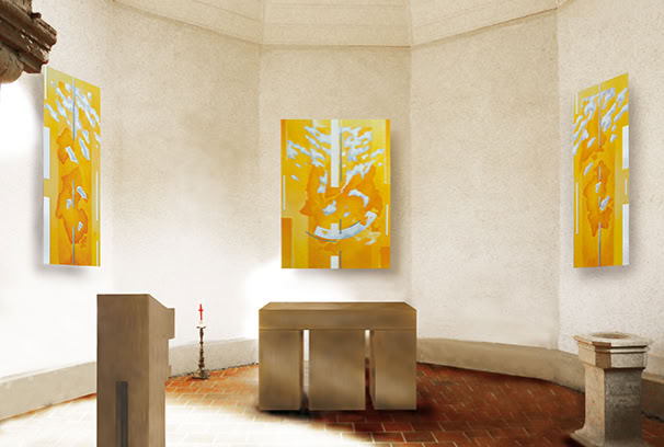 Ev. Pfarrkirche St. Annen und St. Marien, Dittichenrode, Südharz.  Konzeption Chorraum, Glasretabel, dreiteilig. Prinzipalien: Till Hausmann. (Computersimulation)